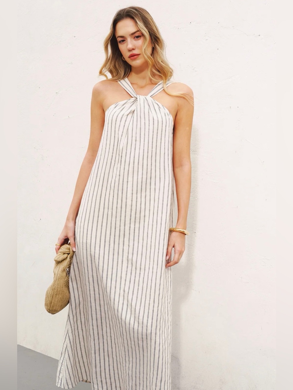 Commense Striped Halter Striped Cotton- Linen Maxi Dress